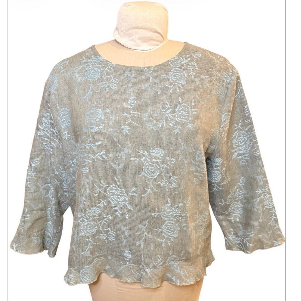 Cottage Clothing, Inc. 100% Linen Top 3/5 Sleeves Ruffle Hem Medium